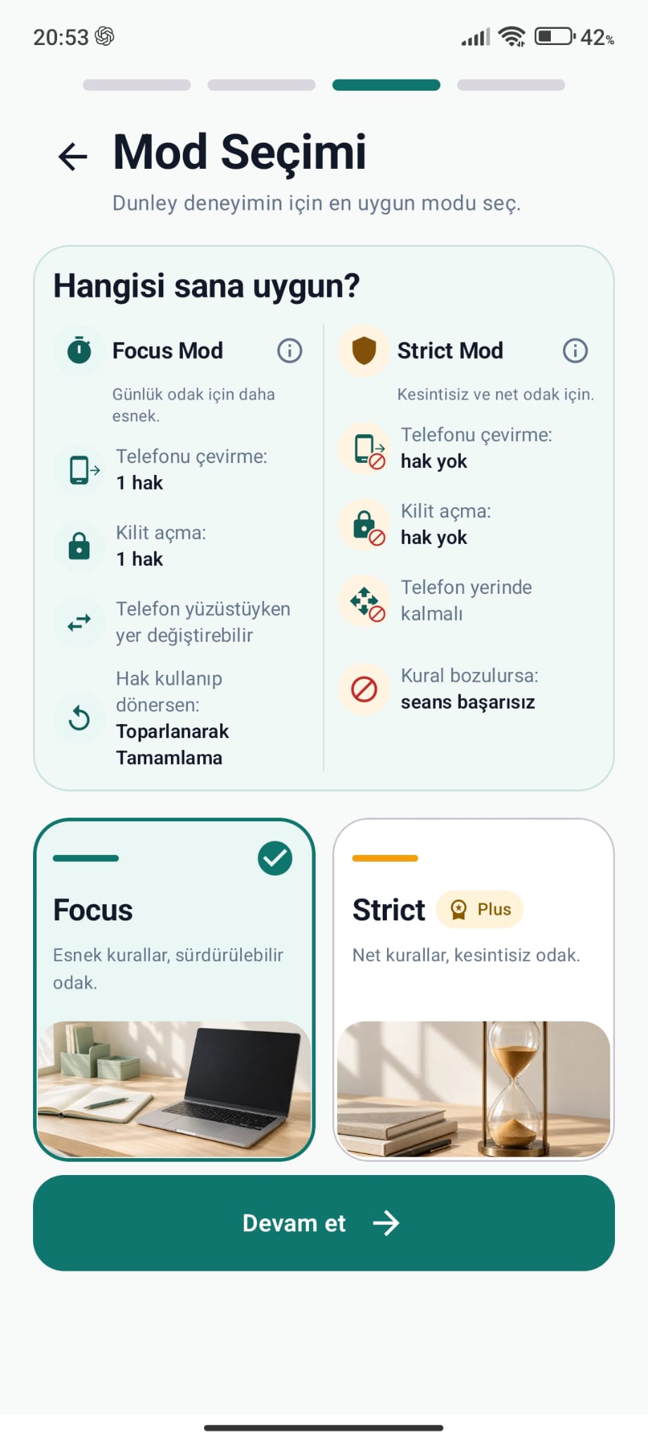 Focus ve Strict modlarının karşılaştırıldığı Dunley ekranı