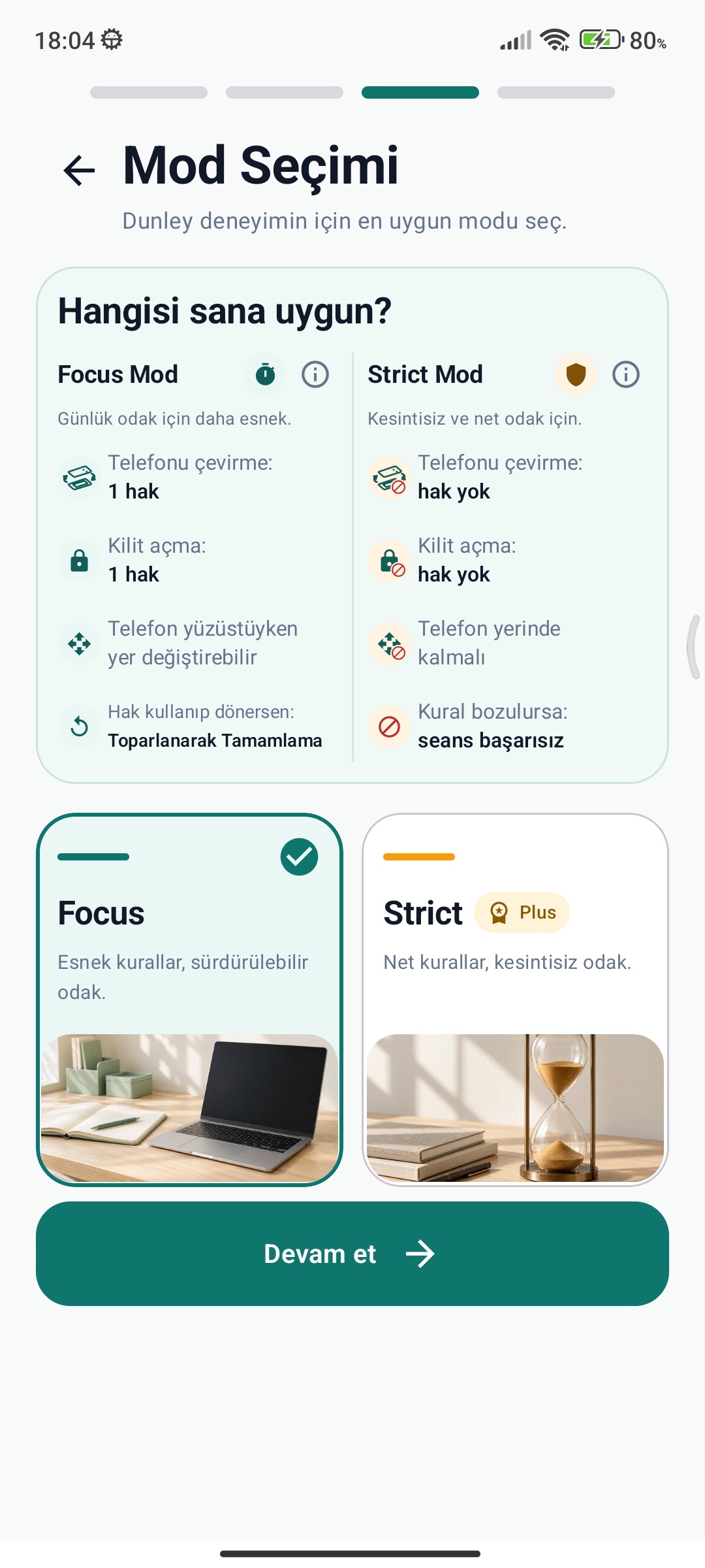 Focus ve Strict modlarının karşılaştırıldığı Dunley ekranı
